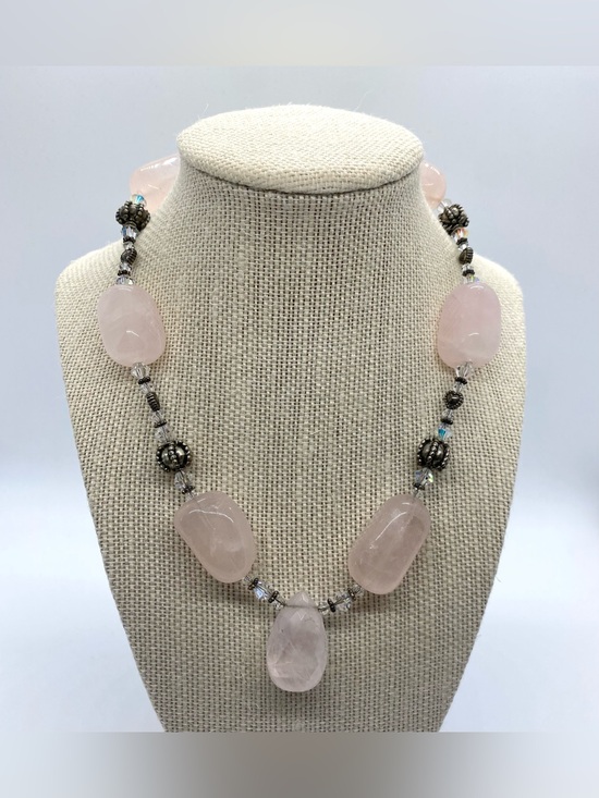 Hand Crafted Jewelry - Pink Rose Quartz Beaded Necklace Boho Chunky Summer Coastal Beach Eclectic
